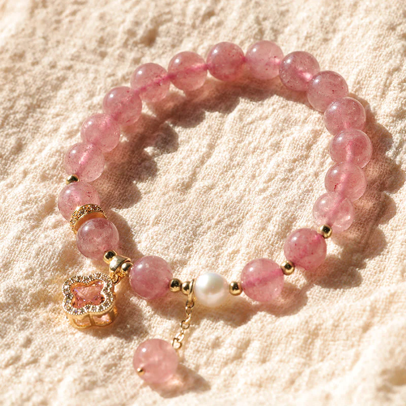 Braccialetto di guarigione con ciondolo a forma di quadrifoglio, perla e quarzo fragola Buddha Stones - Image 10