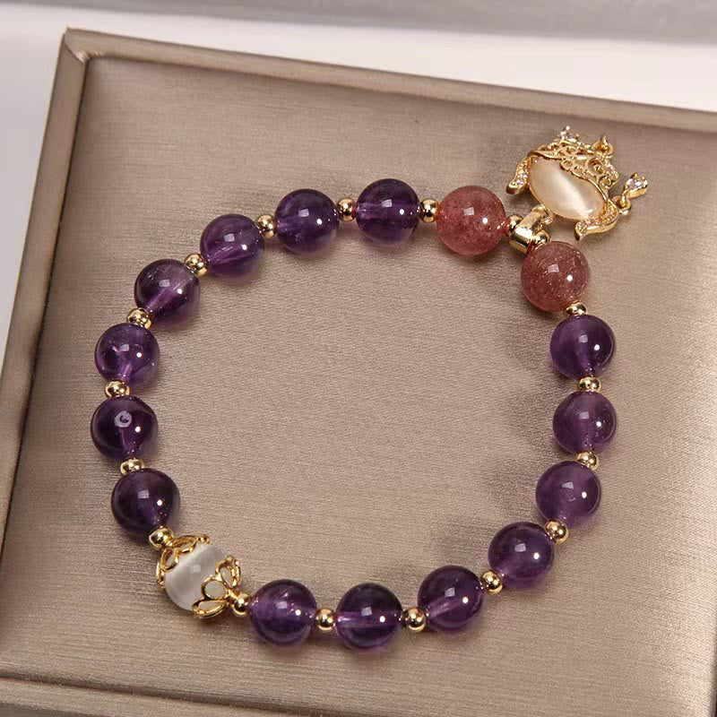 Braccialetto di guarigione con ciondolo cinese a forma di occhio di gatto, ametista naturale, quarzo fragola e Buddha Stones - Image 2