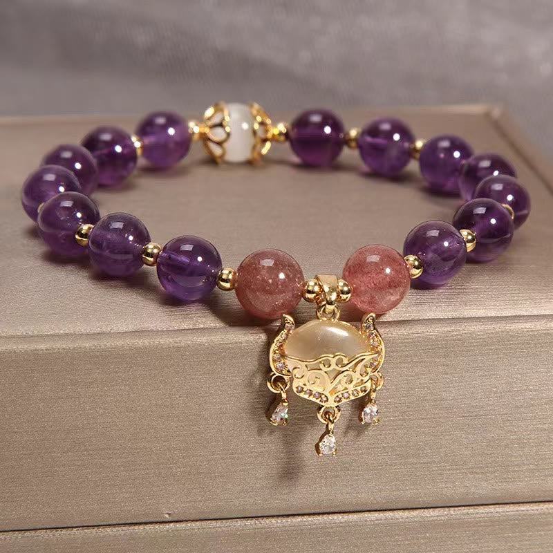 Braccialetto di guarigione con ciondolo cinese a forma di occhio di gatto, ametista naturale, quarzo fragola e Buddha Stones - Image 3
