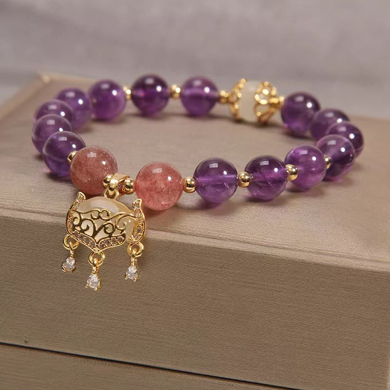 Braccialetto di guarigione con ciondolo cinese a forma di occhio di gatto, ametista naturale, quarzo fragola e Buddha Stones - Image 4