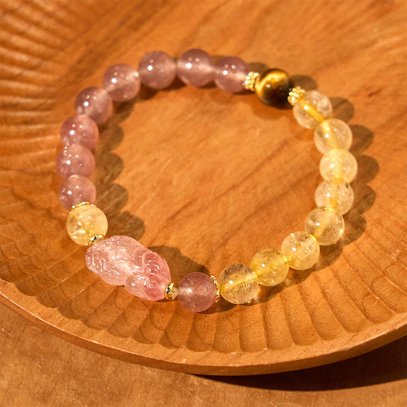 Braccialetto di guarigione con perle di quarzo rutilato Pixiu, Buddha Stones e quarzo fragola - Image 3