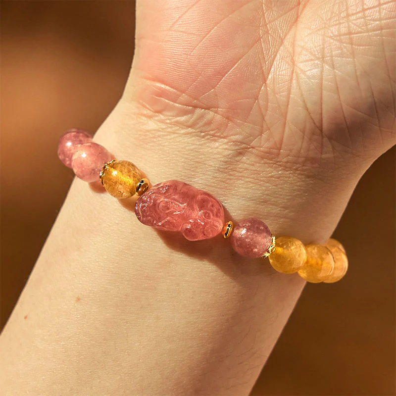 Braccialetto di guarigione con perle di quarzo rutilato Pixiu, Buddha Stones e quarzo fragola - Image 5