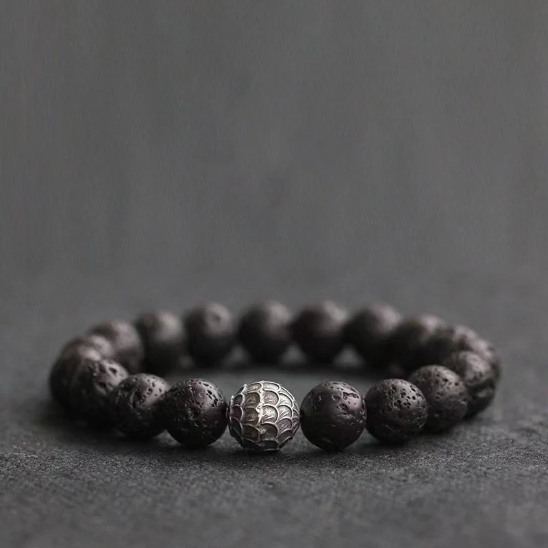 Braccialetto di guarigione con perline di squame di pesce , Buddha Stones e roccia lavica