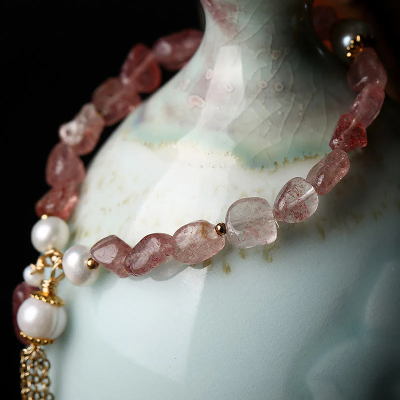 Braccialetto di guarigione dell'amore placcato in oro 14k con perle di quarzo fragola naturale - Image 3