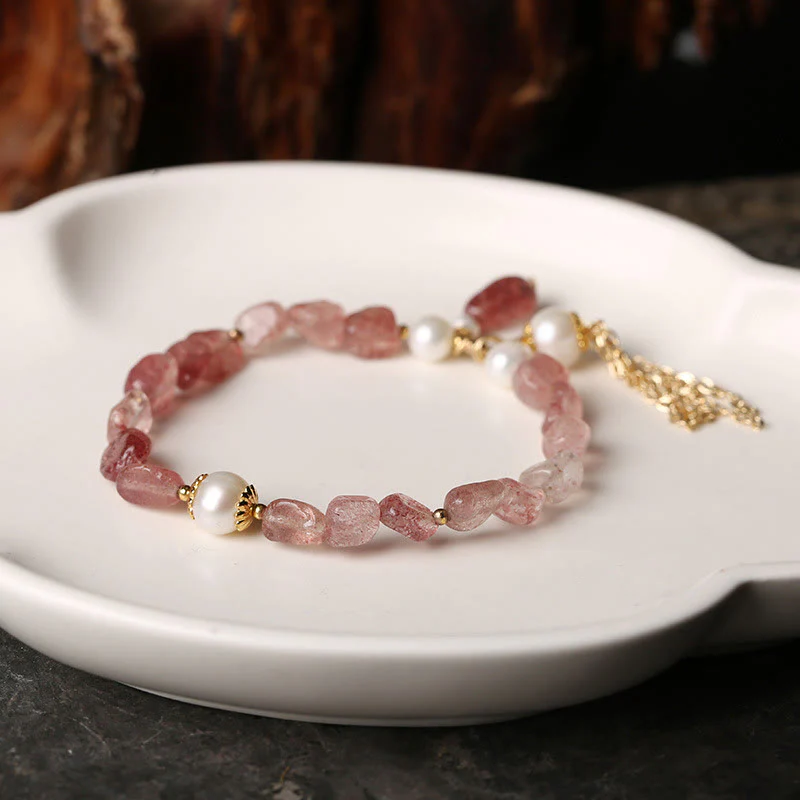 Braccialetto di guarigione dell'amore placcato in oro 14k con perle di quarzo fragola naturale - Image 4