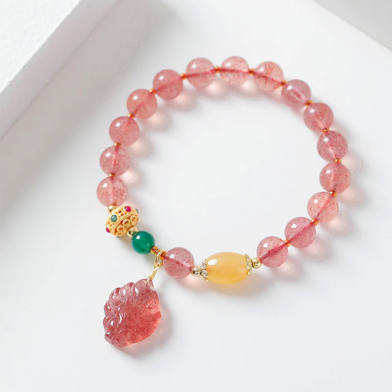 Braccialetto curativo Buddha Stones in quarzo fragola naturale con volpe a nove code