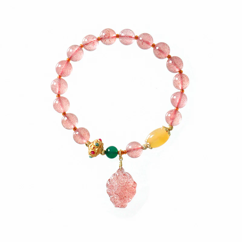 Braccialetto curativo Buddha Stones in quarzo fragola naturale con volpe a nove code - Image 12
