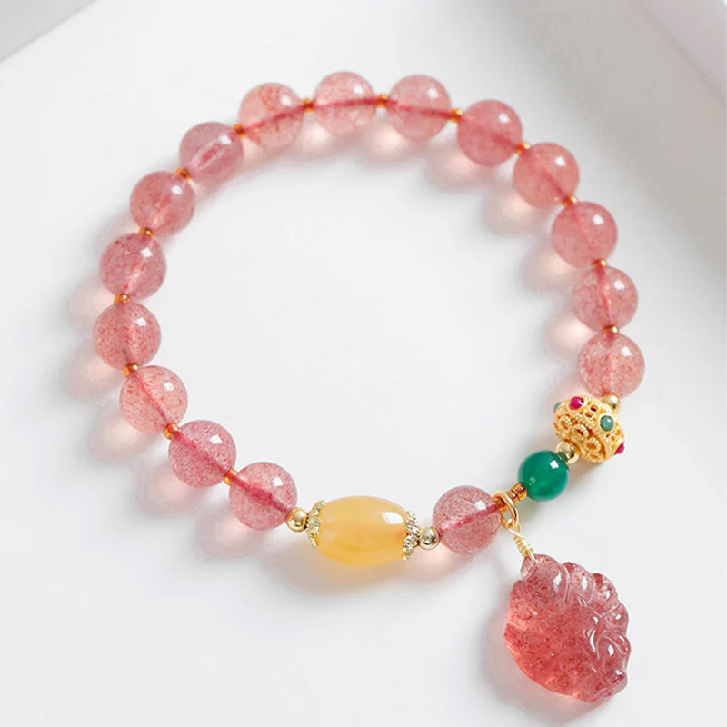 Braccialetto curativo Buddha Stones in quarzo fragola naturale con volpe a nove code - Image 2