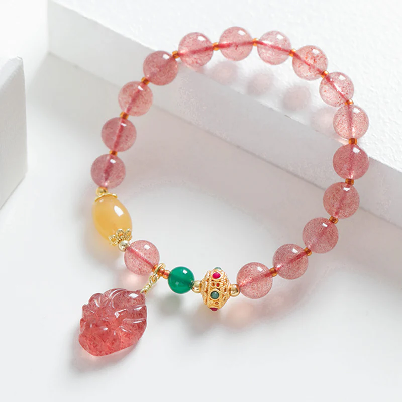 Braccialetto curativo Buddha Stones in quarzo fragola naturale con volpe a nove code - Image 3