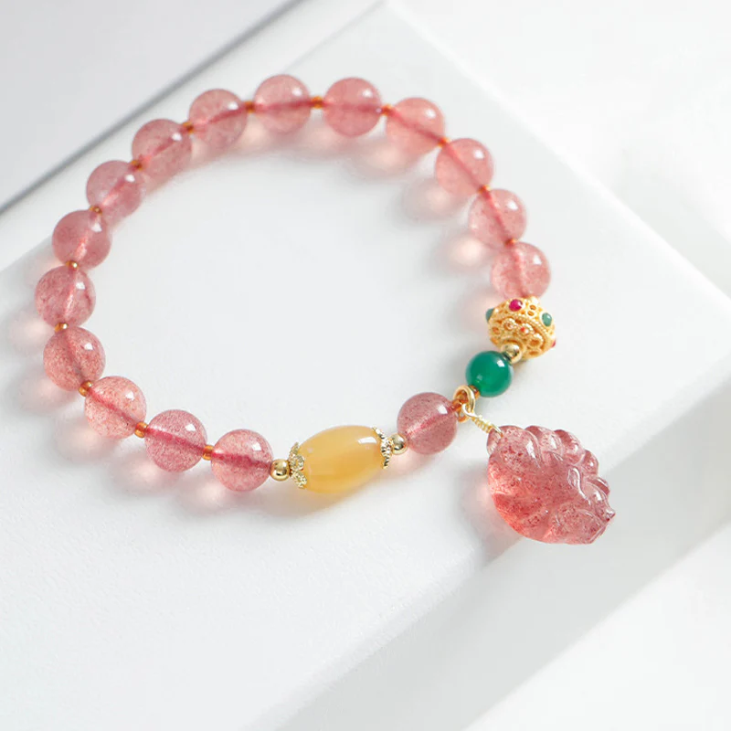 Braccialetto curativo Buddha Stones in quarzo fragola naturale con volpe a nove code - Image 4