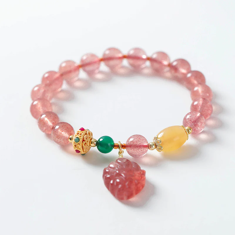 Braccialetto curativo Buddha Stones in quarzo fragola naturale con volpe a nove code - Image 5