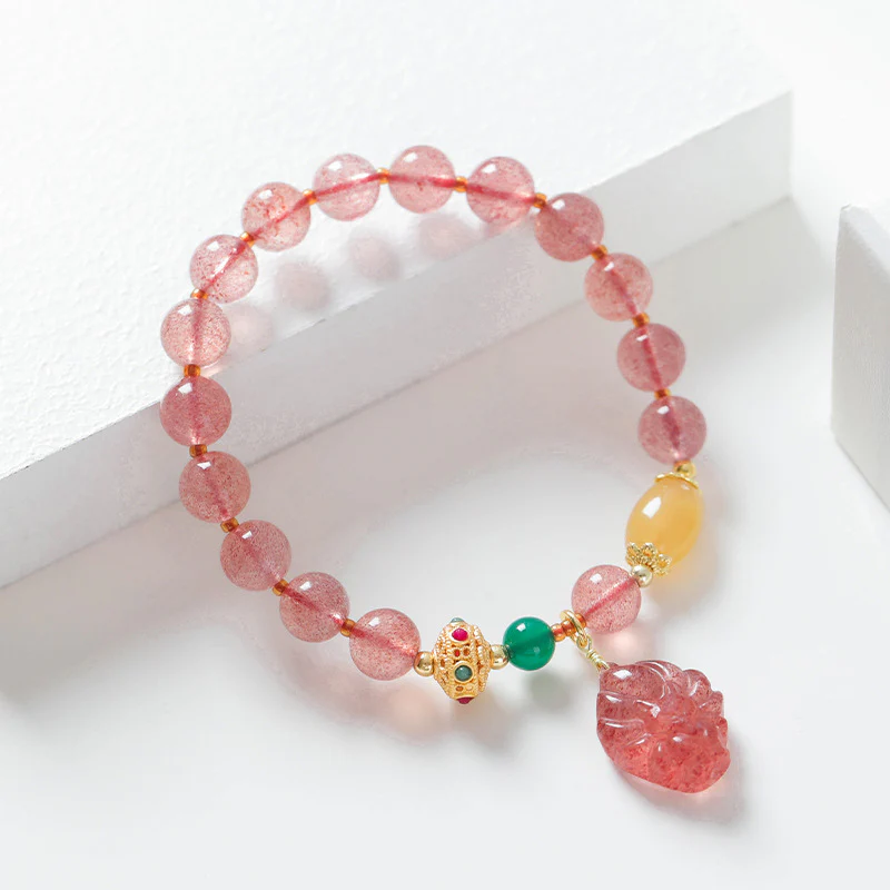 Braccialetto curativo Buddha Stones in quarzo fragola naturale con volpe a nove code - Image 7