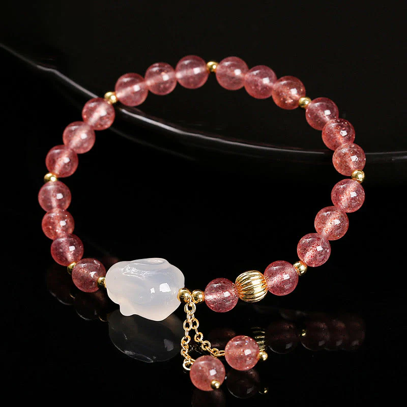 Braccialetto di guarigione naturale in quarzo fragola e agata con coniglio Buddha Stones - Image 2