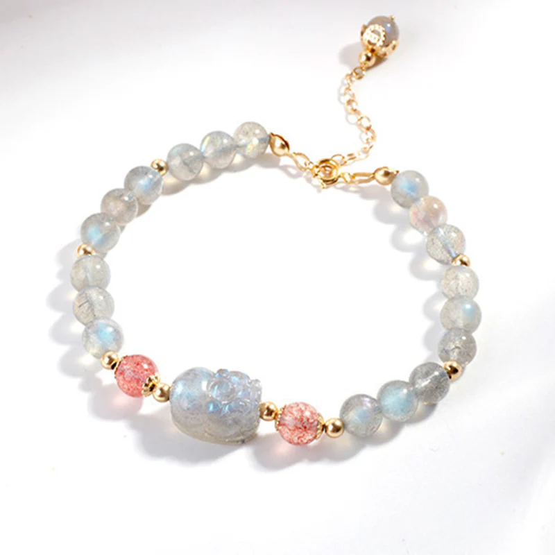 Braccialetto di guarigione PiXiu con pietre di luna, quarzo fragola e Buddha Stones - Image 5