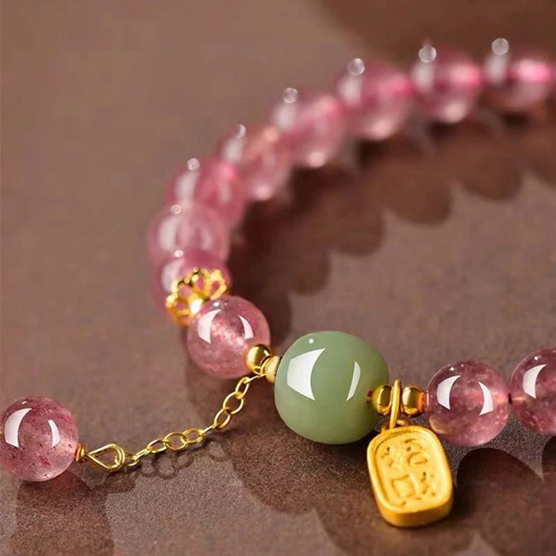 Braccialetto di guarigione positiva in giada con carattere Fu, quarzo fragola naturale Buddha Stones - Image 2