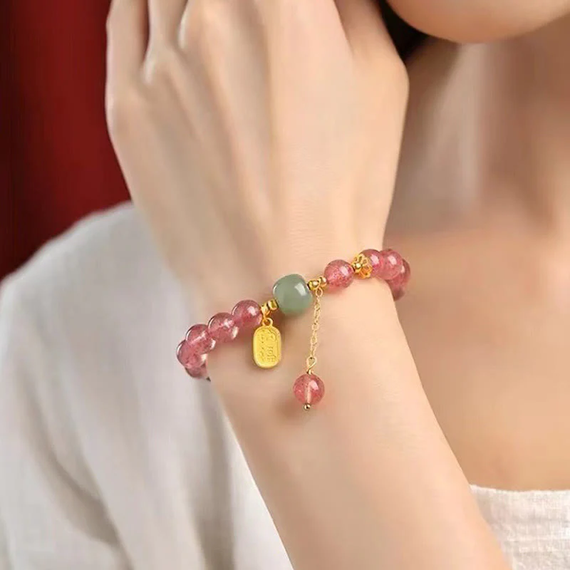 Braccialetto di guarigione positiva in giada con carattere Fu, quarzo fragola naturale Buddha Stones - Image 5