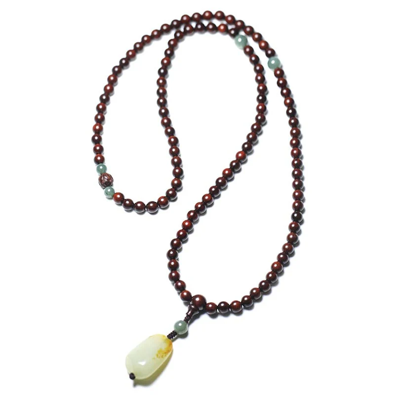 Braccialetto di meditazione Mala in giada di sandalo rosso con piccole foglie tibetane di Buddha Stones - Image 2