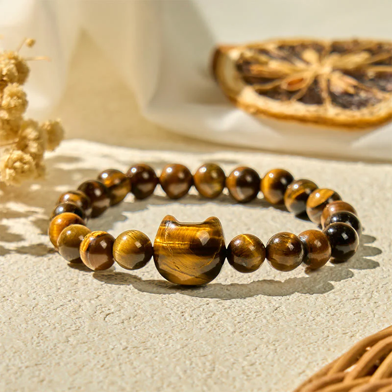 Braccialetto di perle di potere con occhio di tigre e gatto carino Buddha Stones