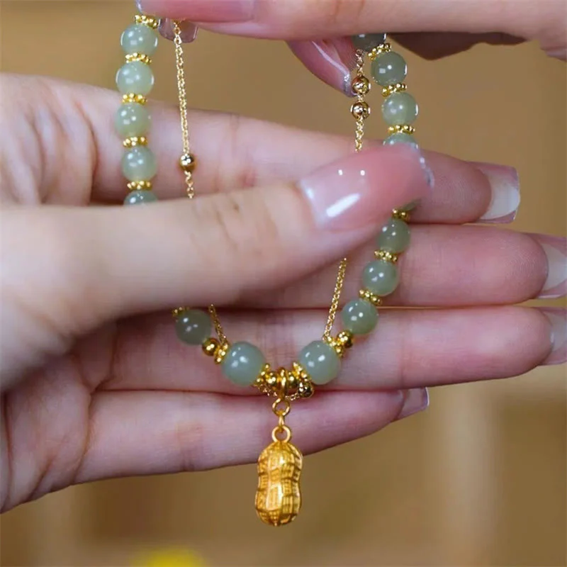 Braccialetto di perline con carattere Fu , Buddha Stones di giada, foglia di ginkgo, tulipano, arachidi e fortuna - Image 15