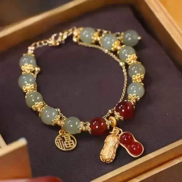 Braccialetto di perline con carattere Fu , Buddha Stones di giada, foglia di ginkgo, tulipano, arachidi e fortuna - Image 17