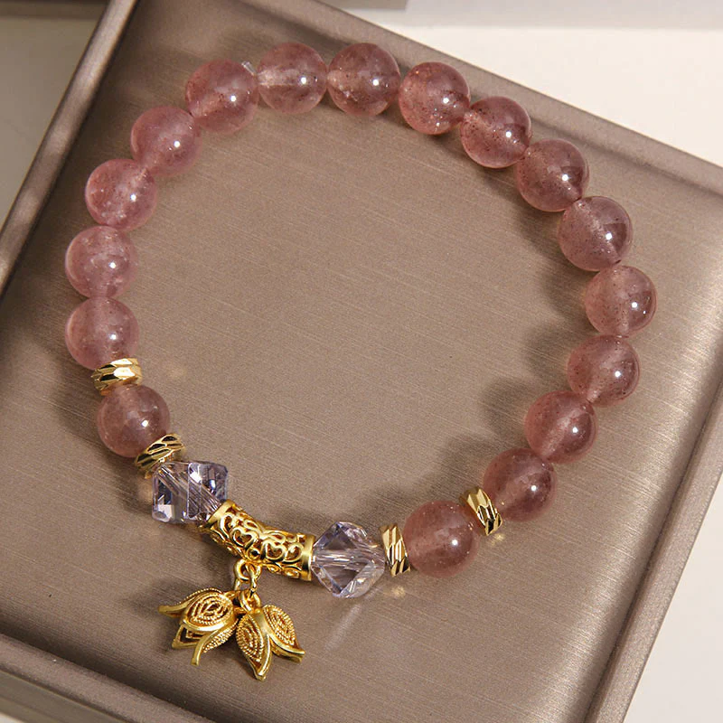 Braccialetto di perline positive in quarzo fragola naturale con mughetto Buddha Stones - Image 9