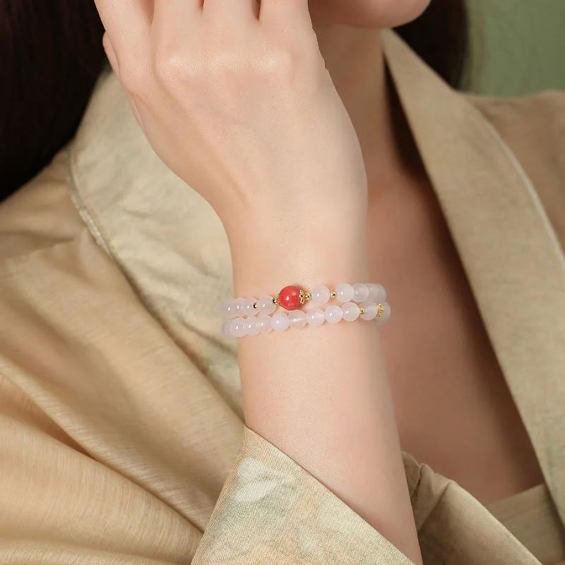 Braccialetto di protezione a doppio giro Buddha Stones in argento sterling 925 con agata bianca naturale e cinabro - Image 3