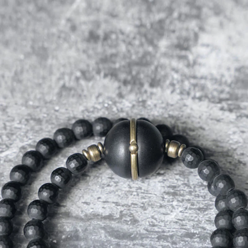 Braccialetto di protezione a doppio giro con perline di ebano e onice nero con superficie tagliata smerigliata Buddha Stones - Image 2