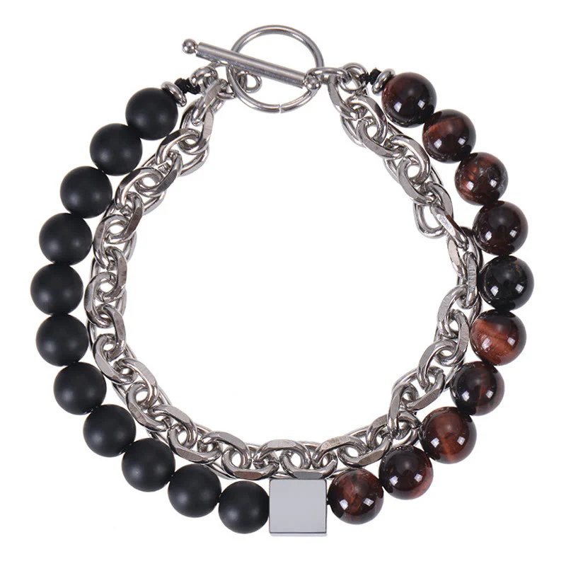 Braccialetto di protezione a doppio giro in acciaio al titanio con magnetite nera, occhio di tigre colorato e pietra smerigliata Buddha Stones - Image 12