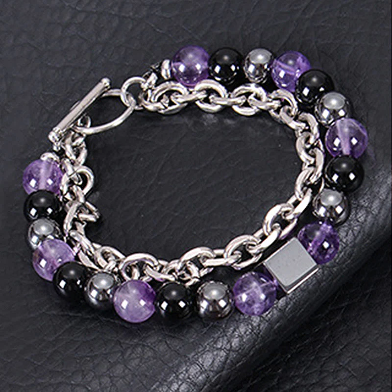 Braccialetto di protezione a doppio giro in acciaio al titanio con magnetite nera, occhio di tigre colorato e pietra smerigliata Buddha Stones - Image 19