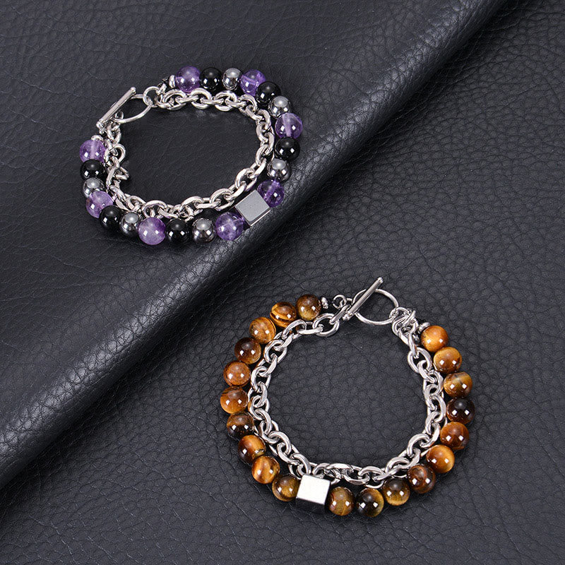 Braccialetto di protezione a doppio giro in acciaio al titanio con magnetite nera, occhio di tigre colorato e pietra smerigliata Buddha Stones - Image 31