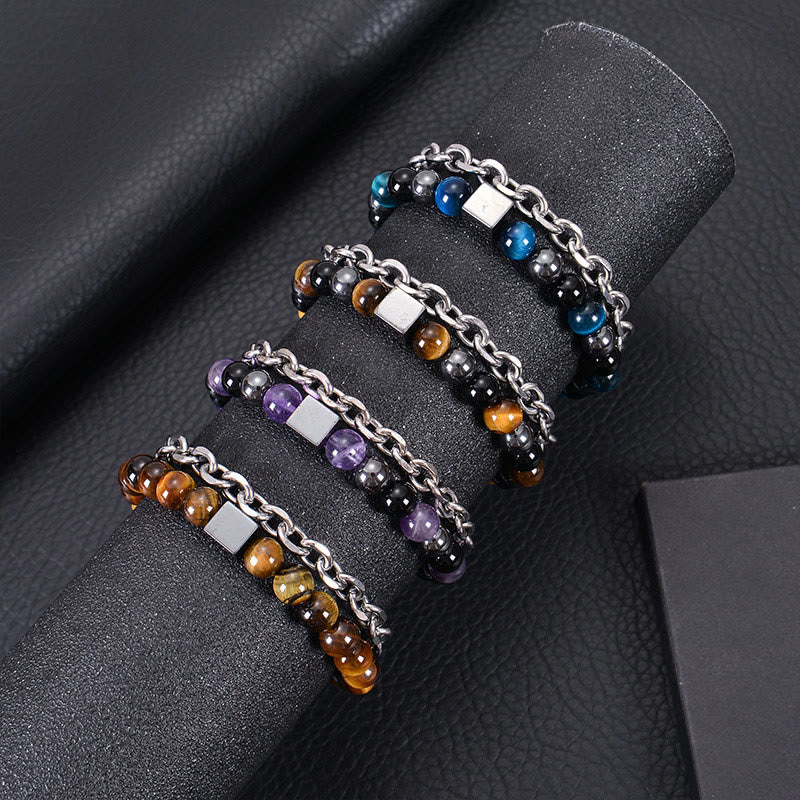 Braccialetto di protezione a doppio giro in acciaio al titanio con magnetite nera, occhio di tigre colorato e pietra smerigliata Buddha Stones - Image 32