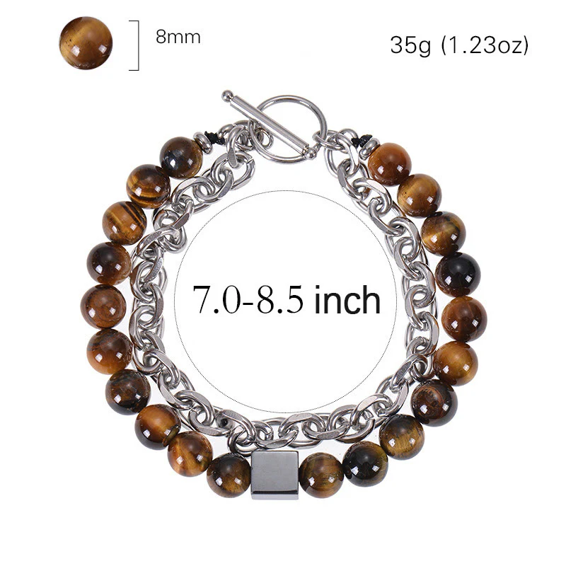 Braccialetto di protezione a doppio giro in acciaio al titanio con magnetite nera, occhio di tigre colorato e pietra smerigliata Buddha Stones - Image 4
