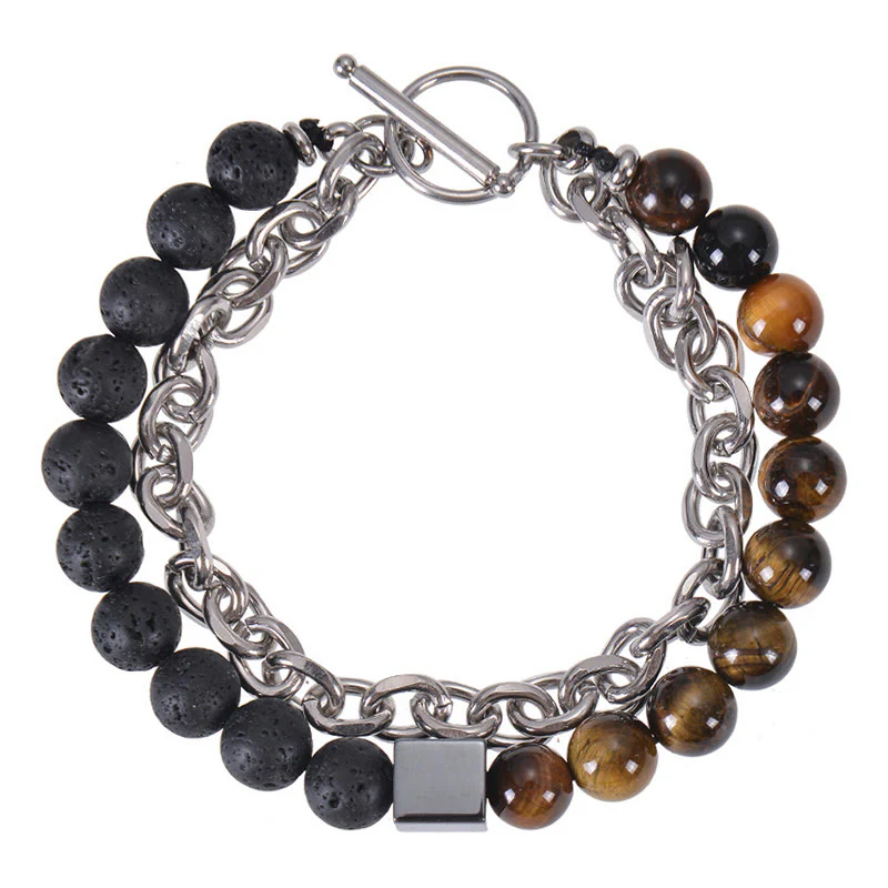 Braccialetto di protezione a doppio giro in acciaio al titanio con magnetite nera, occhio di tigre colorato e pietra smerigliata Buddha Stones - Image 7