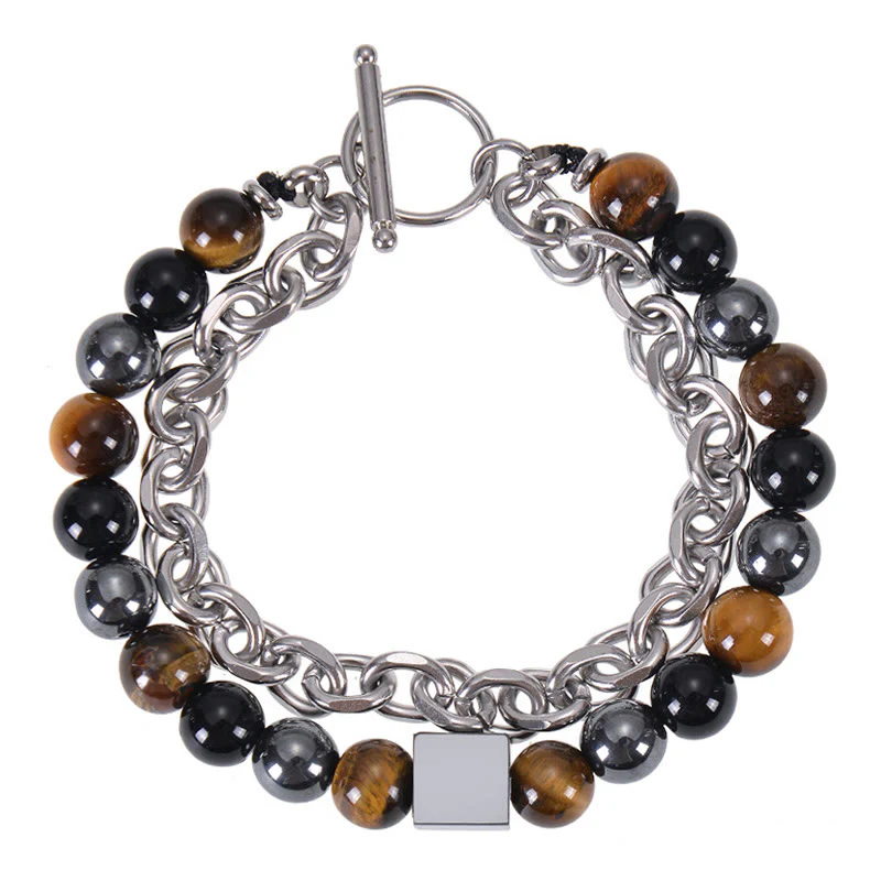 Braccialetto di protezione a doppio giro in acciaio al titanio con magnetite nera, occhio di tigre colorato e pietra smerigliata Buddha Stones - Image 9