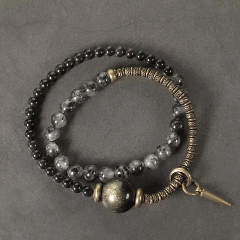 Braccialetto di protezione a doppio giro in ottone e rame Buddha Stones, ossidiana, quarzo rutilato nero e oro lucido - Image 2