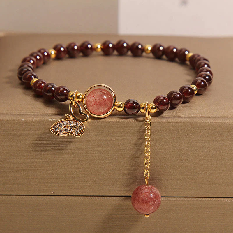 Braccialetto di protezione a farfalla in quarzo fragola e granato naturale Buddha Stones