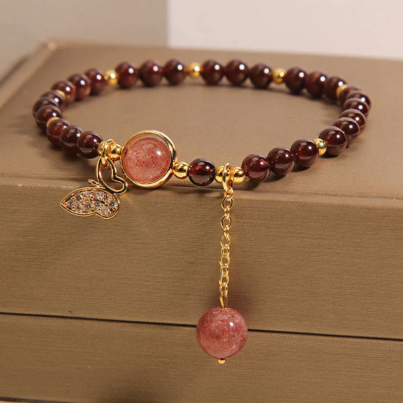 Braccialetto di protezione a farfalla in quarzo fragola e granato naturale Buddha Stones - Image 6