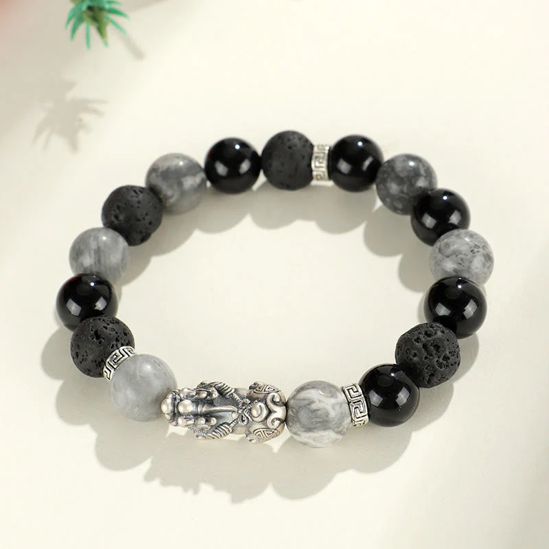 Braccialetto di protezione Buddha Stones 999 Sterling Silver PiXiu Onice nero Diaspro grigio Lava Rock - Image 12