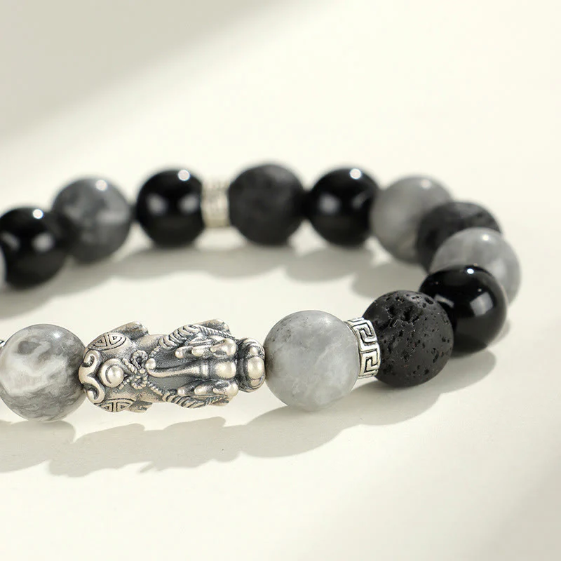 Braccialetto di protezione Buddha Stones 999 Sterling Silver PiXiu Onice nero Diaspro grigio Lava Rock - Image 4
