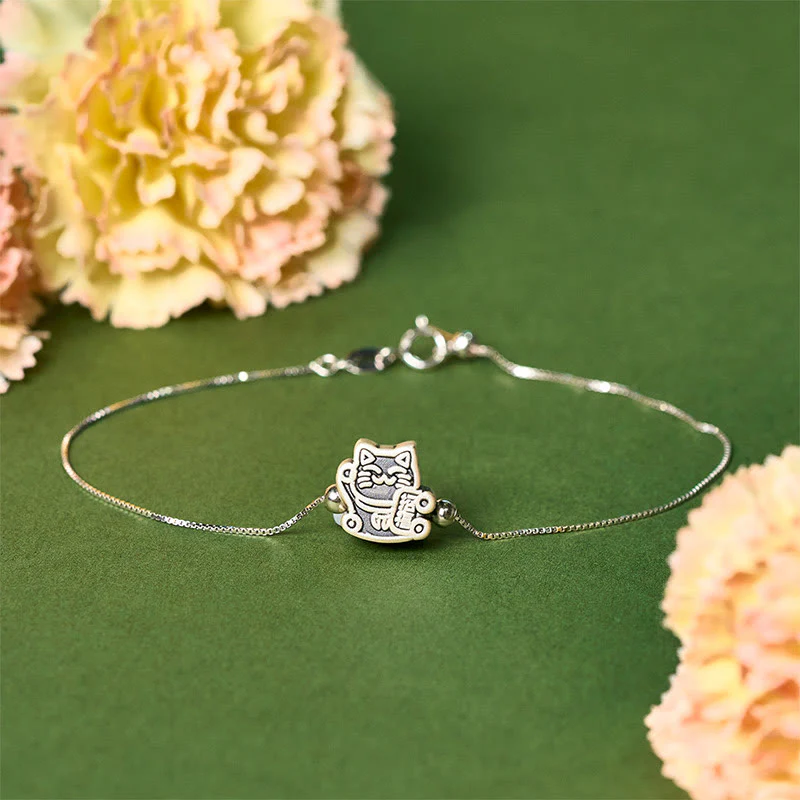 Braccialetto di protezione con catena in argento sterling 925 e gatto della fortuna in argento sterling 999 Buddha Stones