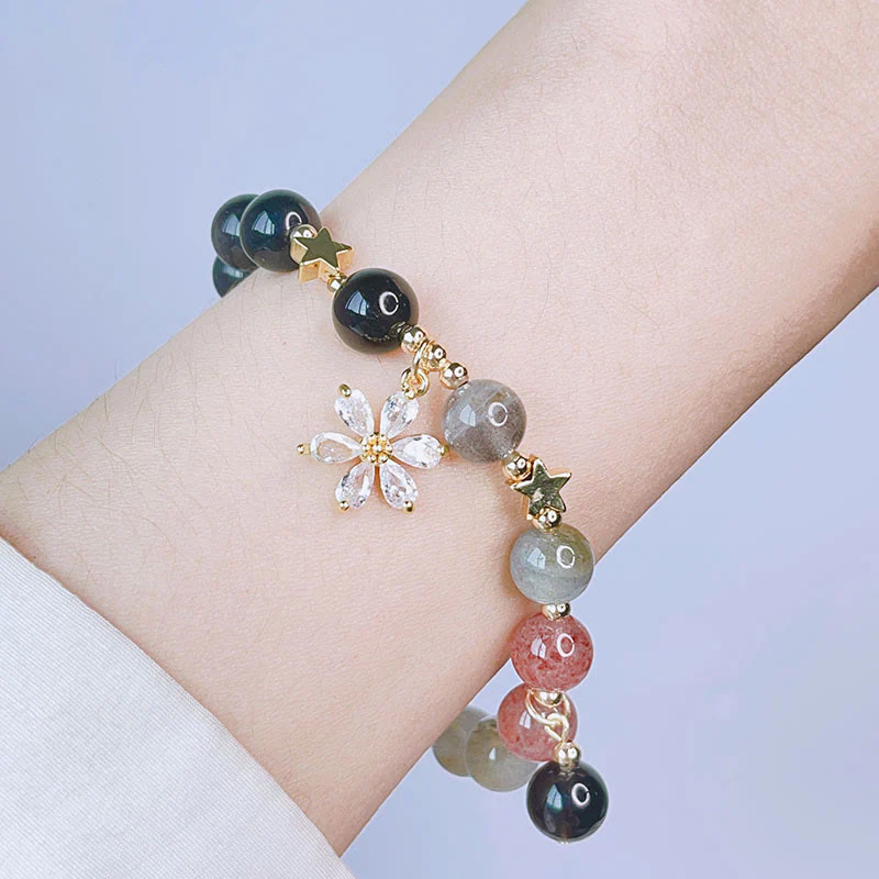 Braccialetto di protezione con cuore, stella e fiore in ossidiana naturale con Buddha Stones argento lucido - Image 14