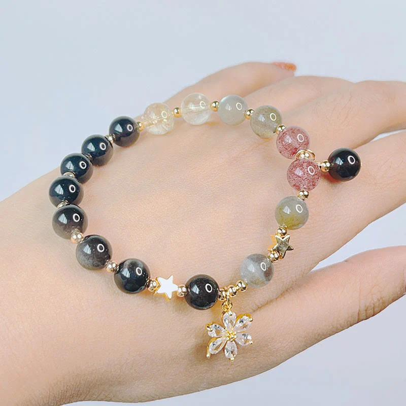 Braccialetto di protezione con cuore, stella e fiore in ossidiana naturale con Buddha Stones argento lucido - Image 15