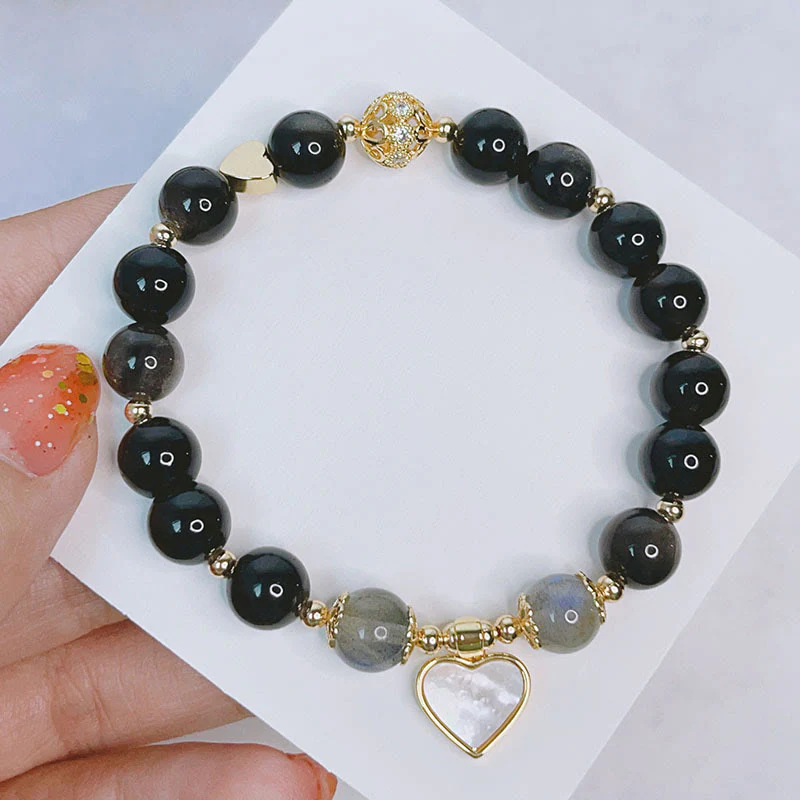 Braccialetto di protezione con cuore, stella e fiore in ossidiana naturale con Buddha Stones argento lucido - Image 2