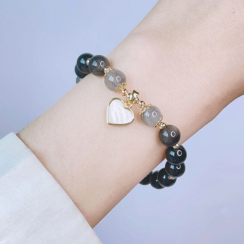 Braccialetto di protezione con cuore, stella e fiore in ossidiana naturale con Buddha Stones argento lucido - Image 4