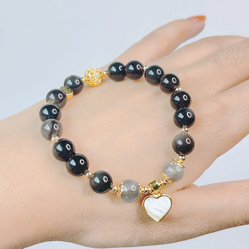 Braccialetto di protezione con cuore, stella e fiore in ossidiana naturale con Buddha Stones argento lucido - Image 5