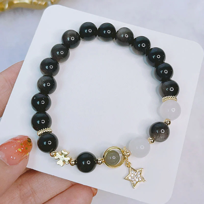 Braccialetto di protezione con cuore, stella e fiore in ossidiana naturale con Buddha Stones argento lucido - Image 7
