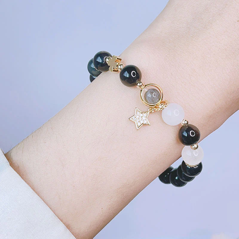 Braccialetto di protezione con cuore, stella e fiore in ossidiana naturale con Buddha Stones argento lucido - Image 9
