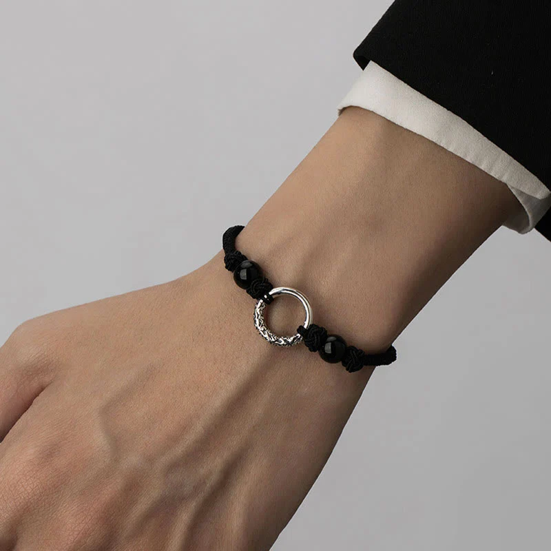 Braccialetto di protezione con fibbia della pace in onice nero in argento sterling 925 Buddha Stones - Image 5