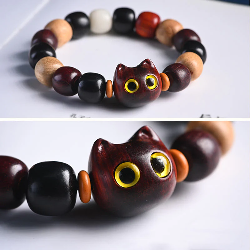 Braccialetto di protezione con incisione di gatto carino in legno di sandalo rosso e ebano con piccole foglie Buddha Stones - Image 17