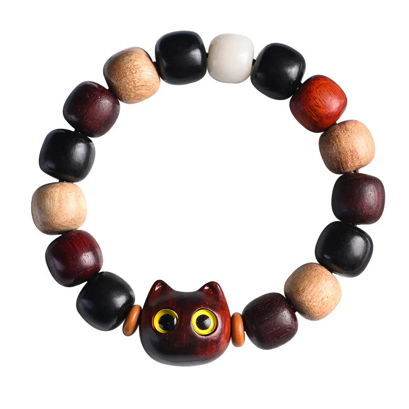 Braccialetto di protezione con incisione di gatto carino in legno di sandalo rosso e ebano con piccole foglie Buddha Stones - Image 18
